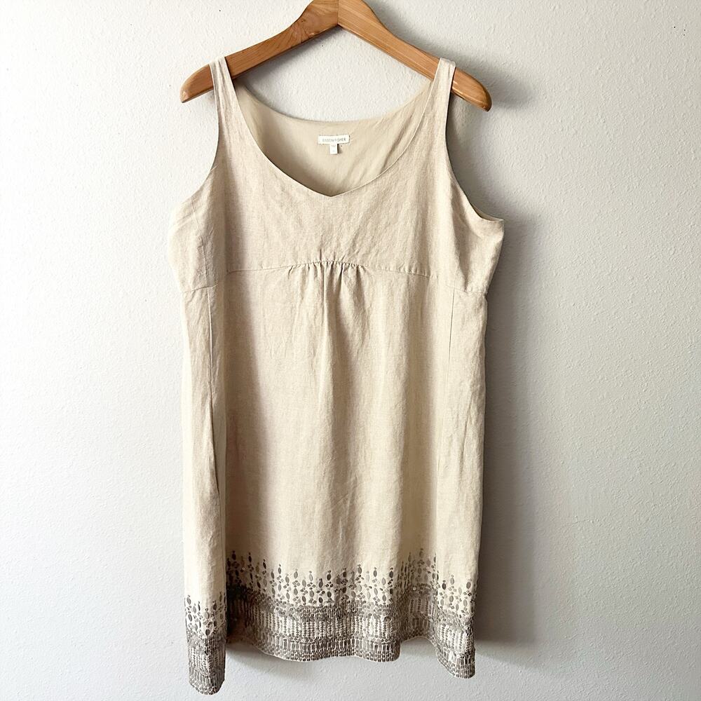 Eileen Fisher Beige Linen Tank Dress with Brown Embroidered Hem